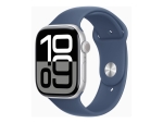 Apple Watch Series 10 (GPS + Cellular) - 46 mm - silver aluminium - smart watch with sport band - fluoroelastomer - denim - band size: M/L - 64 GB - LTE, Wi-Fi 4, UWB, Bluetooth - 4G - 35.3 g