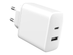 eSTUFF INFINITE - Power adapter - 100% recycled plastic, EU plug - 32 Watt - 3 A - Apple Fast Charge, PD 3.0, QC 3.0 - 2 output connectors (USB Type A, 24 pin USB-C) - white