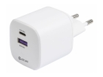 eSTUFF INFINITE - Power adapter - EU, GaN, 100% recycled plastic - 67 Watt - 3.35 A - PD, SuperVOOC - 2 output connectors (USB Type A, 24 pin USB-C) - white