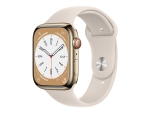 Apple Watch Series 8 (GPS + Cellular) - 45 mm - gold stainless steel - smart watch with sport band - fluoroelastomer - starlight - band size: Regular - 32 GB - Wi-Fi, LTE, Bluetooth, UWB - 4G - 51.5 g
