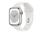Apple Watch Series 8 (GPS + Cellular) - 41 mm - silver aluminium - smart watch with sport band - fluoroelastomer - white - band size: Regular - 32 GB - Wi-Fi, LTE, Bluetooth, UWB - 4G - 32 g
