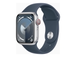 Apple Watch Series 9 (GPS + Cellular) - 41 mm - silver aluminium - smart watch with sport band - fluoroelastomer - storm blue - band size: S/M - 64 GB - Wi-Fi, LTE, UWB, Bluetooth - 4G - 32.1 g
