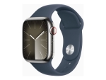 Apple Watch Series 9 (GPS + Cellular) - 41 mm - silver stainless steel - smart watch with sport band - fluoroelastomer - storm blue - band size: S/M - 64 GB - Wi-Fi, LTE, UWB, Bluetooth - 4G - 42.3 g