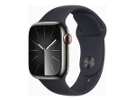 Apple Watch Series 9 (GPS + Cellular) - 41 mm - graphite stainless steel - smart watch with sport band - fluoroelastomer - midnight - band size: M/L - 64 GB - Wi-Fi, LTE, UWB, Bluetooth - 4G - 42.3 g